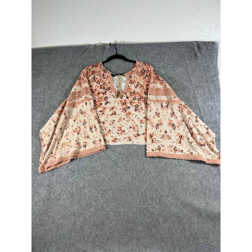 Liberty Garden Top Womens M Floral Kimono Sleeve Peasant Boho Cropped Blouse